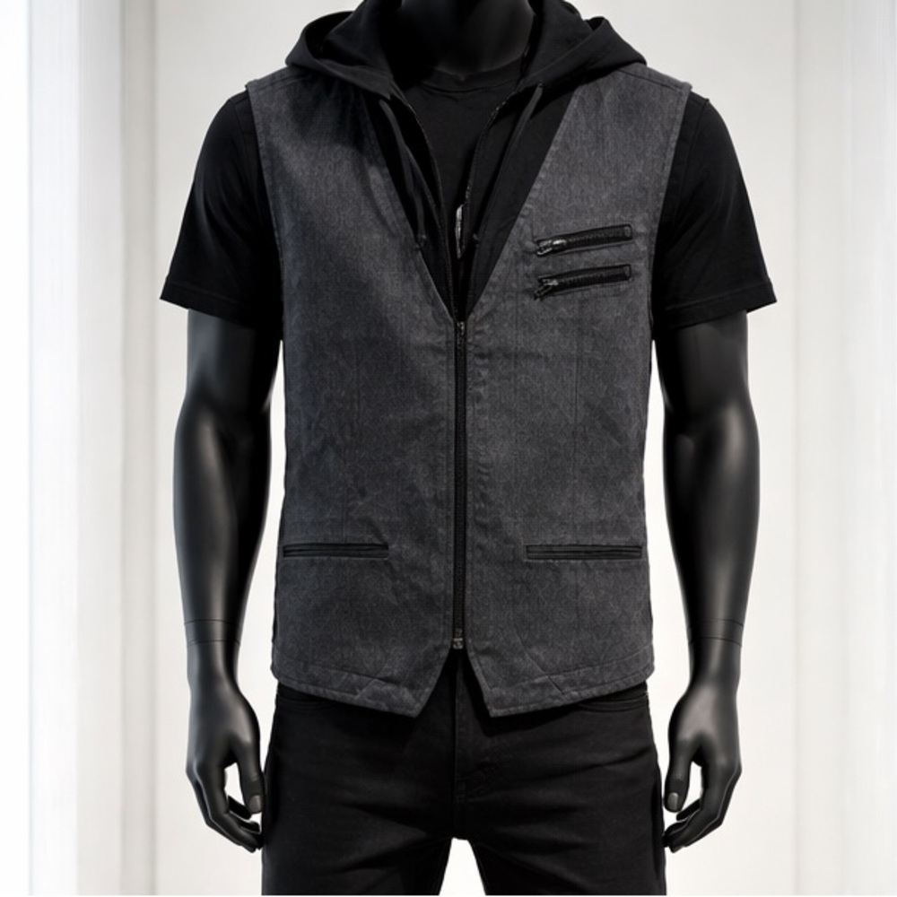 Guess Men's Dark Gray Zip-Front Vest with Chest Zips